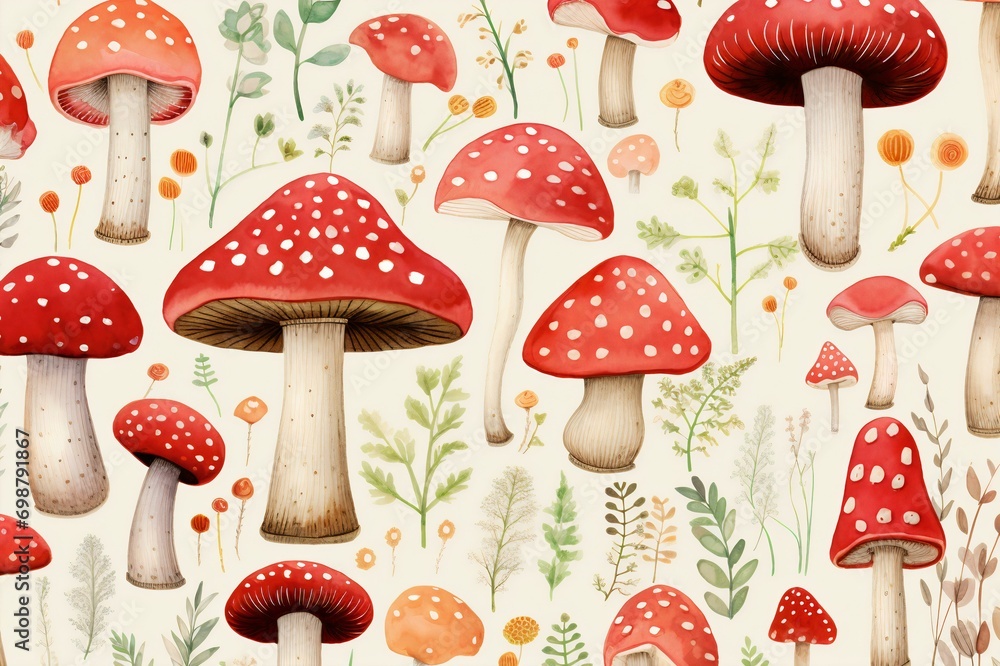 Artistic Watercolor Mushroom Illustration, Generative AI, Artistic Watercolor Mushroom Illustration, Generative AI,