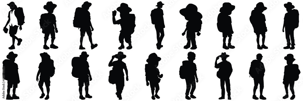 Trekking traveler silhouettes set, large pack of vector silhouette design, isolated white background
