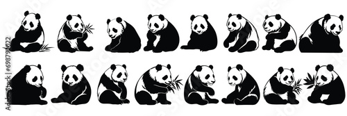 Panda silhouettes set, large pack of vector silhouette design, isolated white background