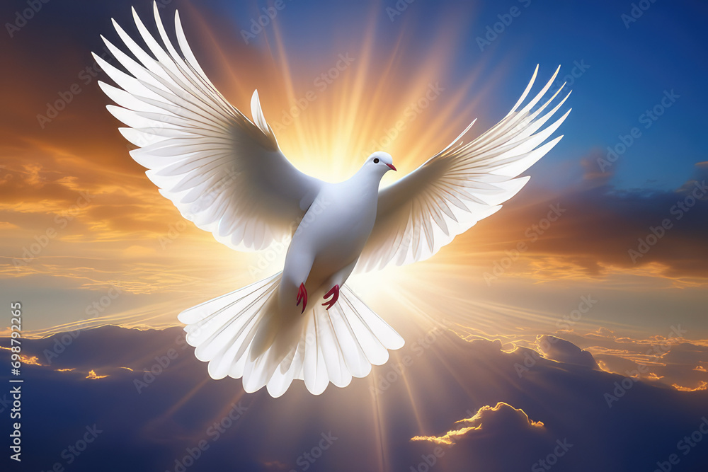 White dove flying on blue sky soaring in the rays of light. .Spirit of god, symbol of peace and love.
Generative AI 