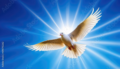 White dove flying on blue sky soaring in the rays of light. .Spirit of god, symbol of peace and love. Generative AI 