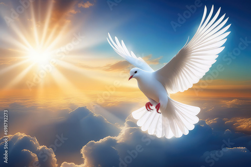White dove flying on blue sky soaring in the rays of light. .Spirit of god, symbol of peace and love.\
Generative AI