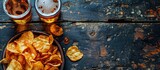Two glasses of beer and chips on a dark wooden background, viewed from above, with space for text.
