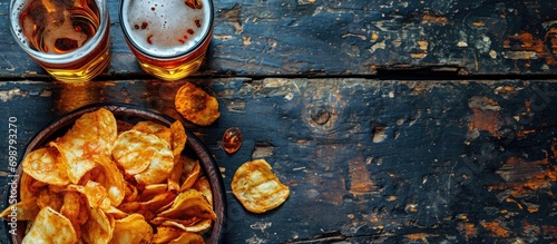 Two glasses of beer and chips on a dark wooden background, viewed from above, with space for text.