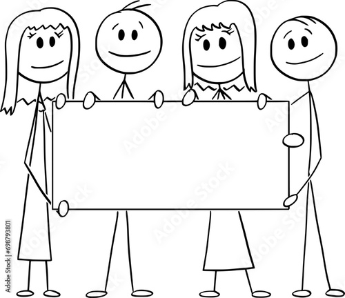 Team of Businessmen Holding Empty Sign, Vector Cartoon Stick Figure Illustration