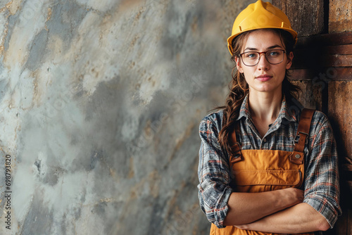 Confident female construction worker with her arms crossed with a gray background for copy paste photo