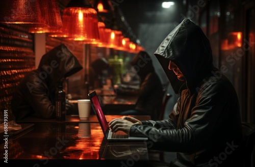 Dark and Mysterious: Person in Black Hoodie Working on Laptop in Red Glow © Unitify