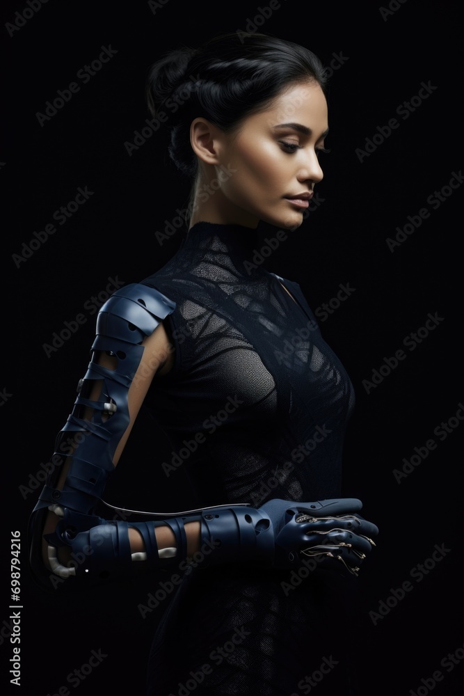 Young girl confidently with technologically advanced prosthetic arm. Integrates natural movement, symbolizing resilience, empowerment, intersection of humanity with cutting-edge assistive technology. Young girl confidently with technologically advanced prosthetic arm. Integrates natural movement, symbolizing resilience, empowerment, intersection of humanity with cutting-edge assistive technology.