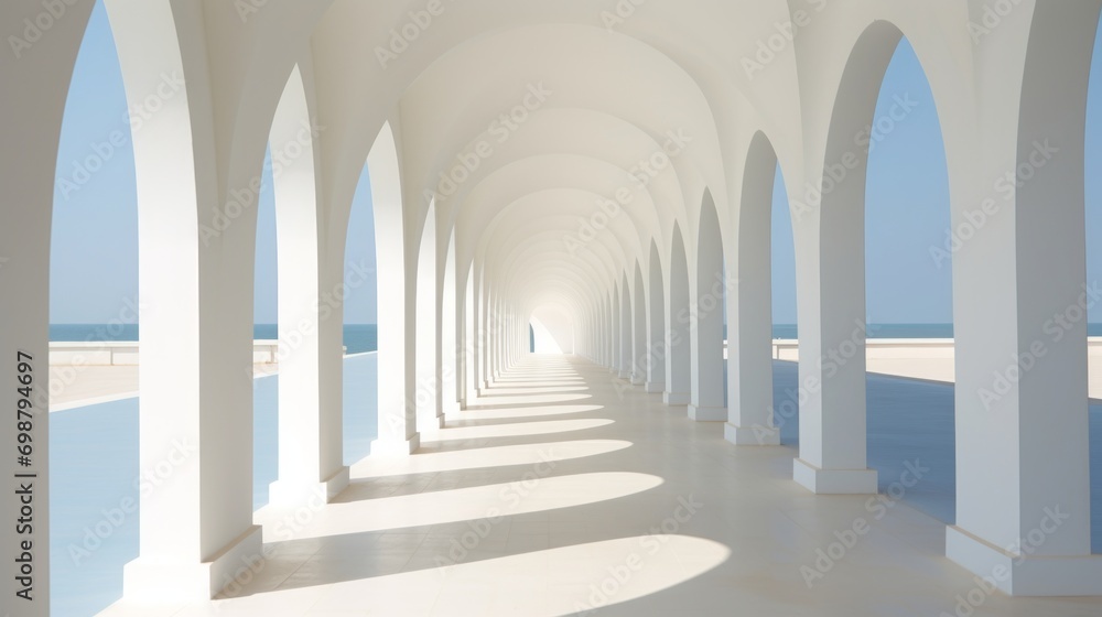 Long corridor with arches leading to the sea. 3D rendering Generative AI