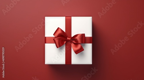 White gift box with red bow on red background. 3d rendering Generative AI © Alex