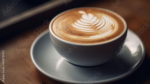 Coffee cup with latte art on wooden table background. Generative AI