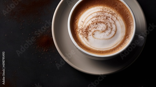 Cup of coffee with latte art on dark background, top view Generative AI