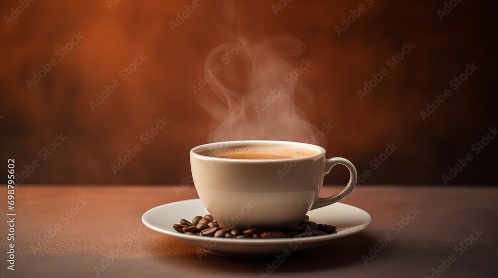 Coffee cup with steam and coffee beans on a brown background Generative AI