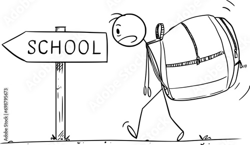 Schoolboy or Kid with Heavy School Bag or backpack, Vector Cartoon Stick Figure Illustration