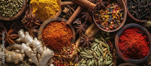 Bird's-eye view of diverse dried spices found in Garam Masala. photo