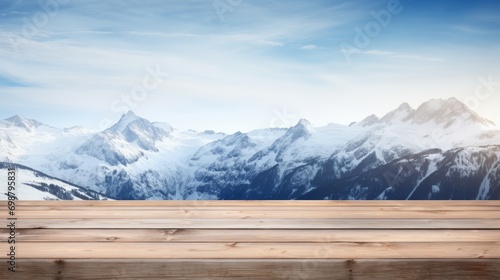 Wooden table top on snow mountain background, for product display montage Generative AI