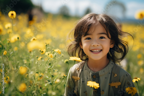 Bella bambina di origini asiatiche di 7 anni corre felice in un prato pieno di fiori in primavera photo