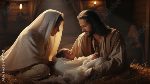 Nativity Scene with Jesus Christand Joseph with his newborn baby Jesus Generative AI