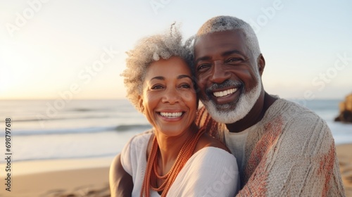 Portrait of happy senior African American couple embracing and looking at camera while standing on sandy beach at sunset Generative AI