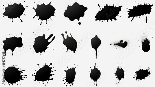 Set of black ink splashes isolated on white background. illustration. Generative AI