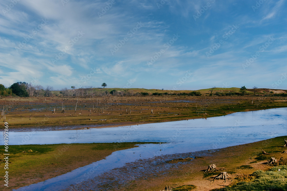 Landscape view of a small river in the grassland with blue sky.