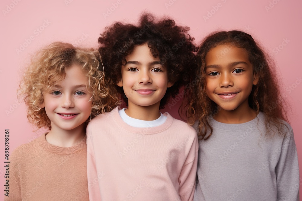 smiling young people in casual pastel clothes are posing in studio. Spring summer fashion concept for kids. Generative AI smiling young people in casual pastel clothes are posing in studio. Spring summer fashion concept for kids. Generative AI