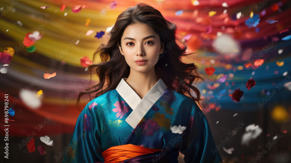 woman proudly wearing a Korean Hanbok, showcasing vibrant colors generative ai woman proudly wearing a Korean Hanbok, showcasing vibrant colors generative ai