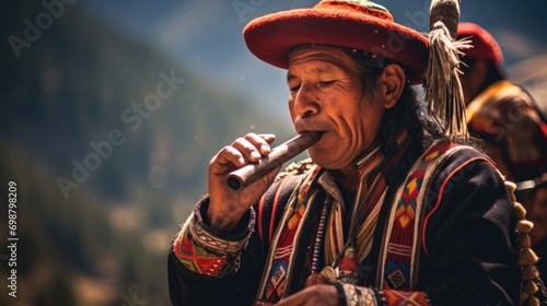 traditional Andean musician playing a pan flute during a music festival generative ai photo
