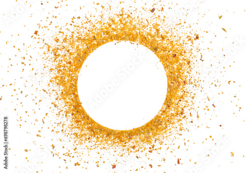 Minced curry pile, turmeric, fenugreek, mustard, coriander, paprika, pepper and cumin, frame isolated on white