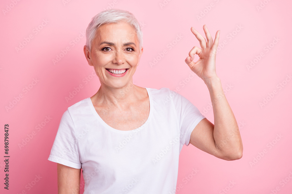 Photo portrait of lovely senior lady show okey symbol good quality wear trendy white garment isolated on pink color background Photo portrait of lovely senior lady show okey symbol good quality wear trendy white garment isolated on pink color background