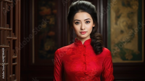 woman proudly wearing a traditional Vietnamese Ao Dai, showcasing elegant design generative ai © ThisDesign