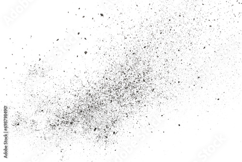 Black chalk pieces and dust flying, effect explode isolated on white