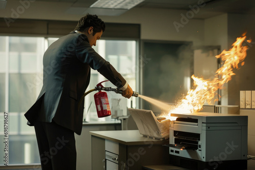 Fire in the office. A man in a suit is actively using a red fire extinguisher to put out flames on an office printer photo
