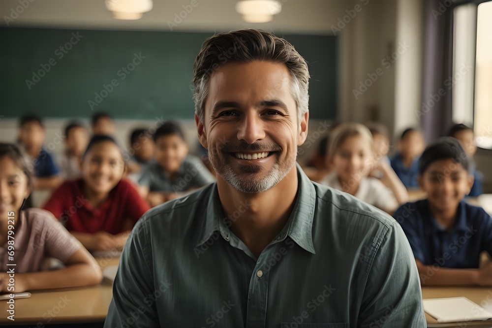 A male teacher smilling in classroom students sitting in background