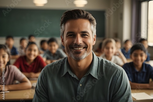 A male teacher smilling in classroom students sitting in background