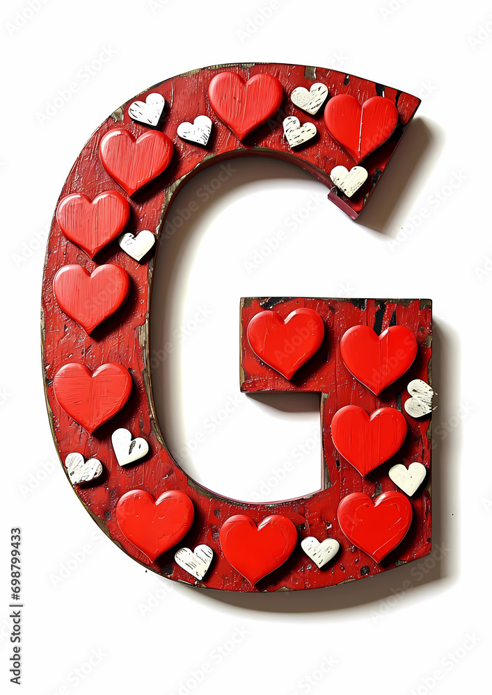 Letter G decorated with red hearts isolated on white background, capital letter, decorative font for valentines card Letter G decorated with red hearts isolated on white background, capital letter, decorative font for valentines card