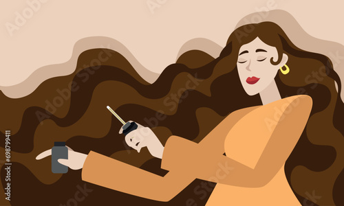 Woman with long brown hair uses hair oils. The concept of cleanliness, freshness and self-care. Daily routine. Vector horizontal illustration.