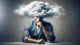 Depressed businessman sitting at table with cloud above head.