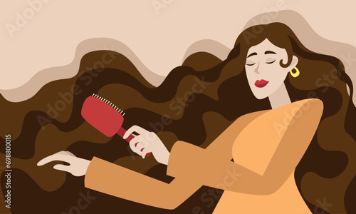 Woman with long brown hair combing her hair with a comb. The concept of cleanliness, freshness and self-care. Daily routine. Vector horizontal illustration.