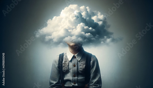 Young boy in suit with cloud instead of head.
