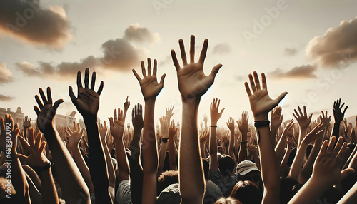 Hands of people raising up in the air photo