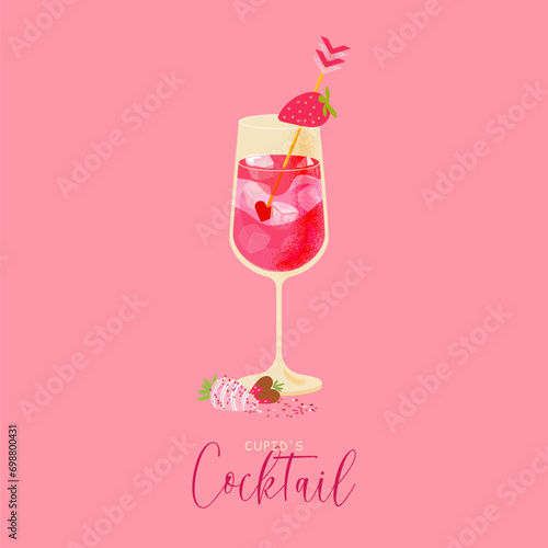 Cupid's cocktail. Alcohol drink with champagne, Strawberry, Grapefruit juice, Gin. Vector illustration for Valentine's day, Women Romantic holiday