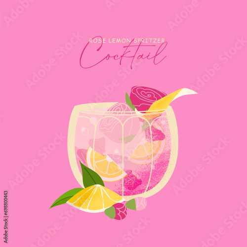 Cute romantic Valentines day rose lemon spritz cocktail. Holiday alcohol drink vector illustration isolated on pink background. Everything you need for party