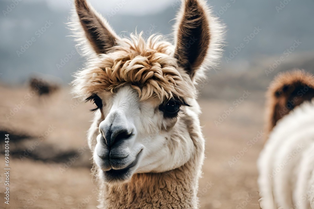 Portrait of a cute alpaca on a background of mountains