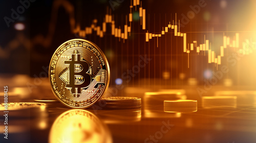 Bitcoin physical coin witg stock  graphic and gold coins photo