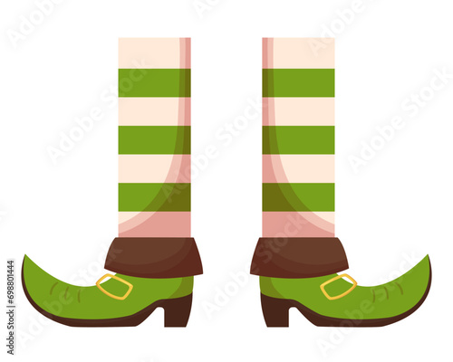 St. Patricks Day leprechaun legs in striped white and green socks, green boots