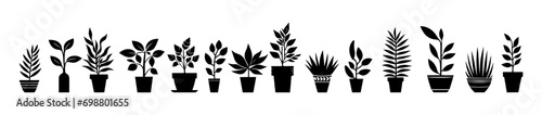 Vector illustration. Silhouette of flowers in pots. Large set of plants.