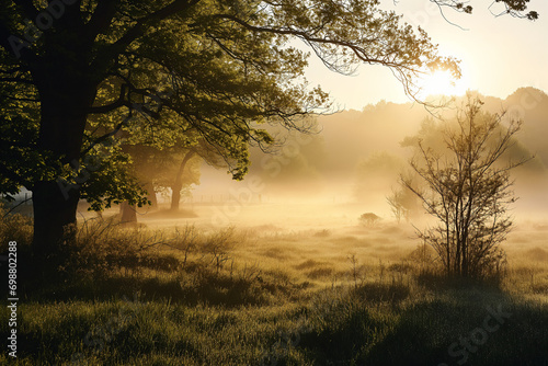 early morning mist with rising sun. highlighting the freshness and tranquility of spring mornings