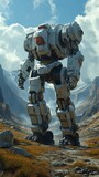 giant robot standing rocky hill fine store sleek white plated armor highly centaur credit kicking foot orange mech shaped manatee font vertical