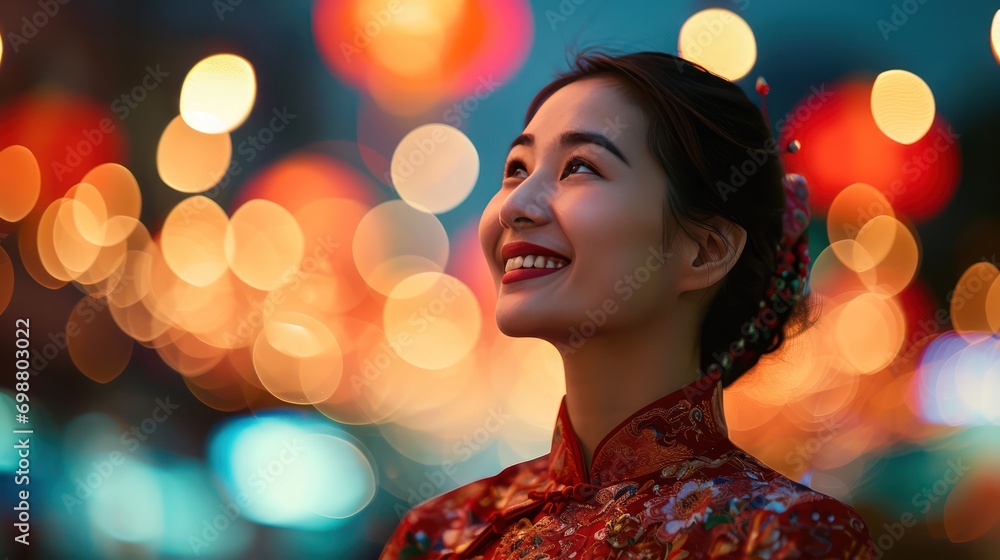 A Beautiful Asian woman wearing Chinese national costume smiles on Chinese New Year in a Chinese community, bokeh blurred background. City lights are out of focus. Background image, looking up.